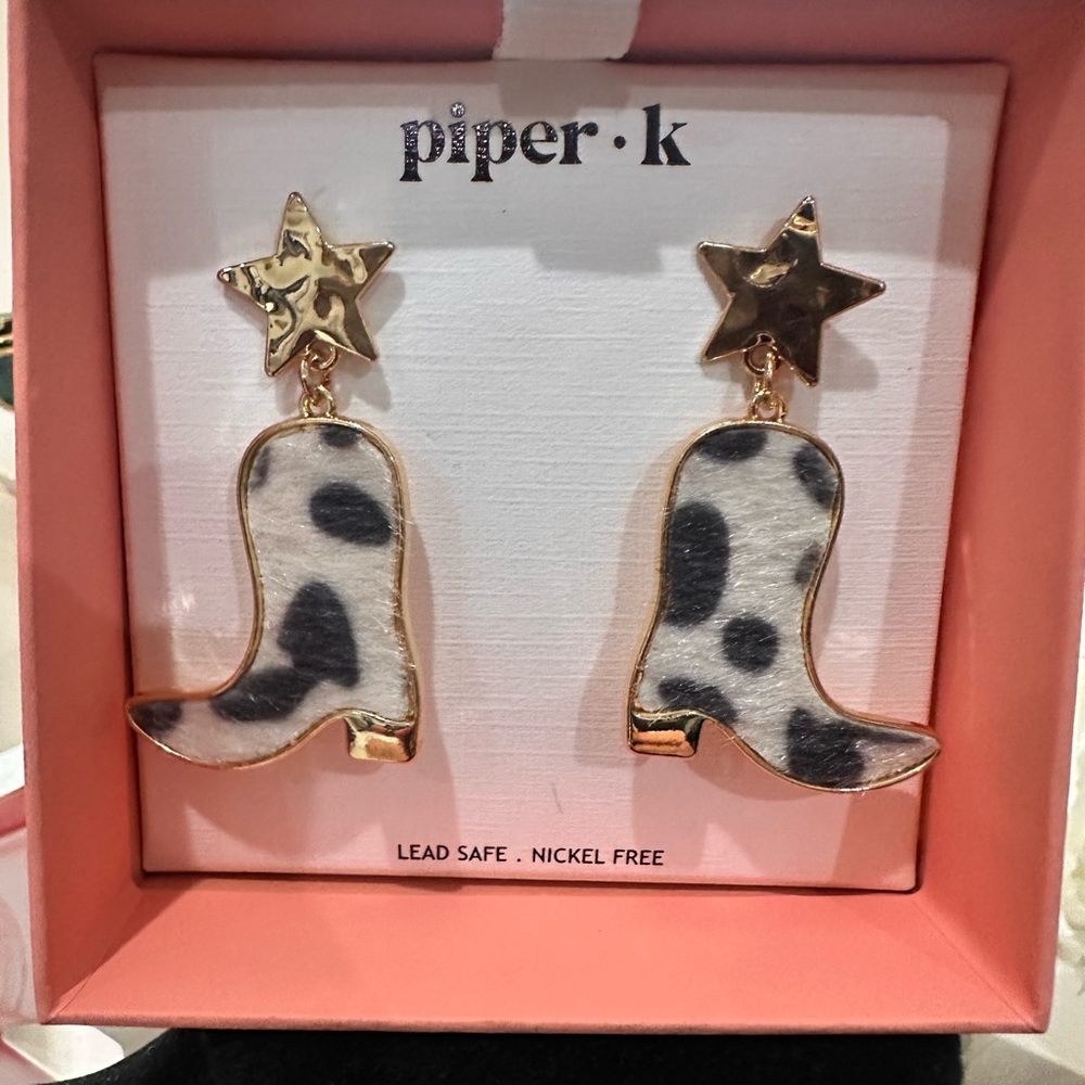Piper Gold Star & Black White Cowhide Boot Drop Earrings